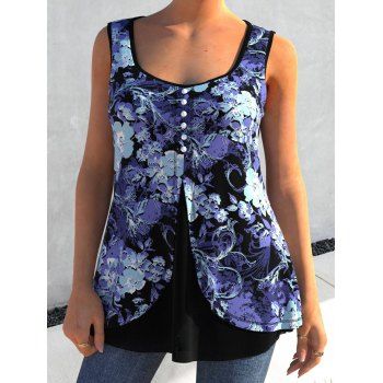 

Floral Printed Mock Button Slit Summer Casual Tank Top, Blue