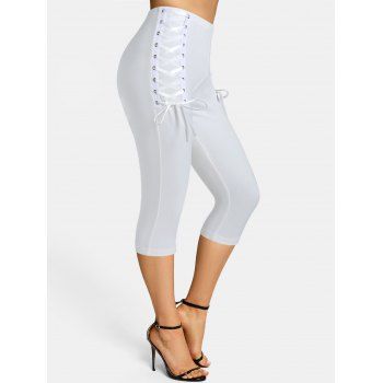 

Grommet Lace Up High Rise Capri Leggings, White