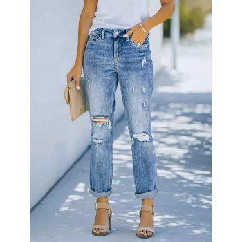 

Ripped Jeans Zipper Fly Pockets Light Wash Jeans Straight Leg Casual Denim Pants, Blue