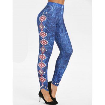 

Tribal Geometric Embroidery Denim 3D Print Jeggings High Waist Skinny Casual Leggings, Blue