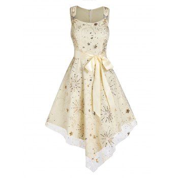 

Vacation Dress Sequined Star Moon Embroidery Mesh Overlay Belted Asymmetrical Hem Midi Dress, Light yellow