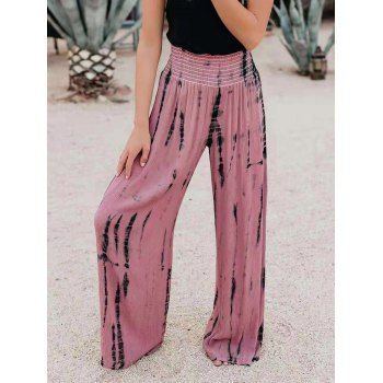 

Wide Leg Pants Printed Ruffle Shirred Elastic High Waisted Pants Overlength Casual Pants, Light pink