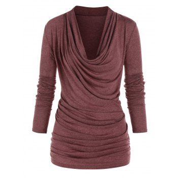 Heather Draped Ruched Cowl Neck Long Sleeve Casual T Shirt