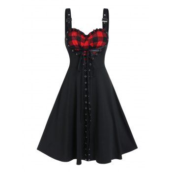 Gothic Dress Plaid Pattern Heart Shape Mini Dress Grommet Lace Up A Line Dress