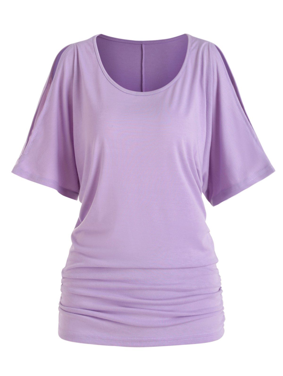 T-shirt D'Eté Décontracté Fendu en Couleur Unie Manches Chauve-souris à Col Rond - Violet clair XL
