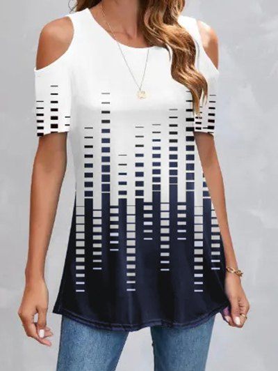 T-shirt Décontracté à Imprimé Géométrique à Epaule Dénudée en Blocs de Couleurs - Blanc XL