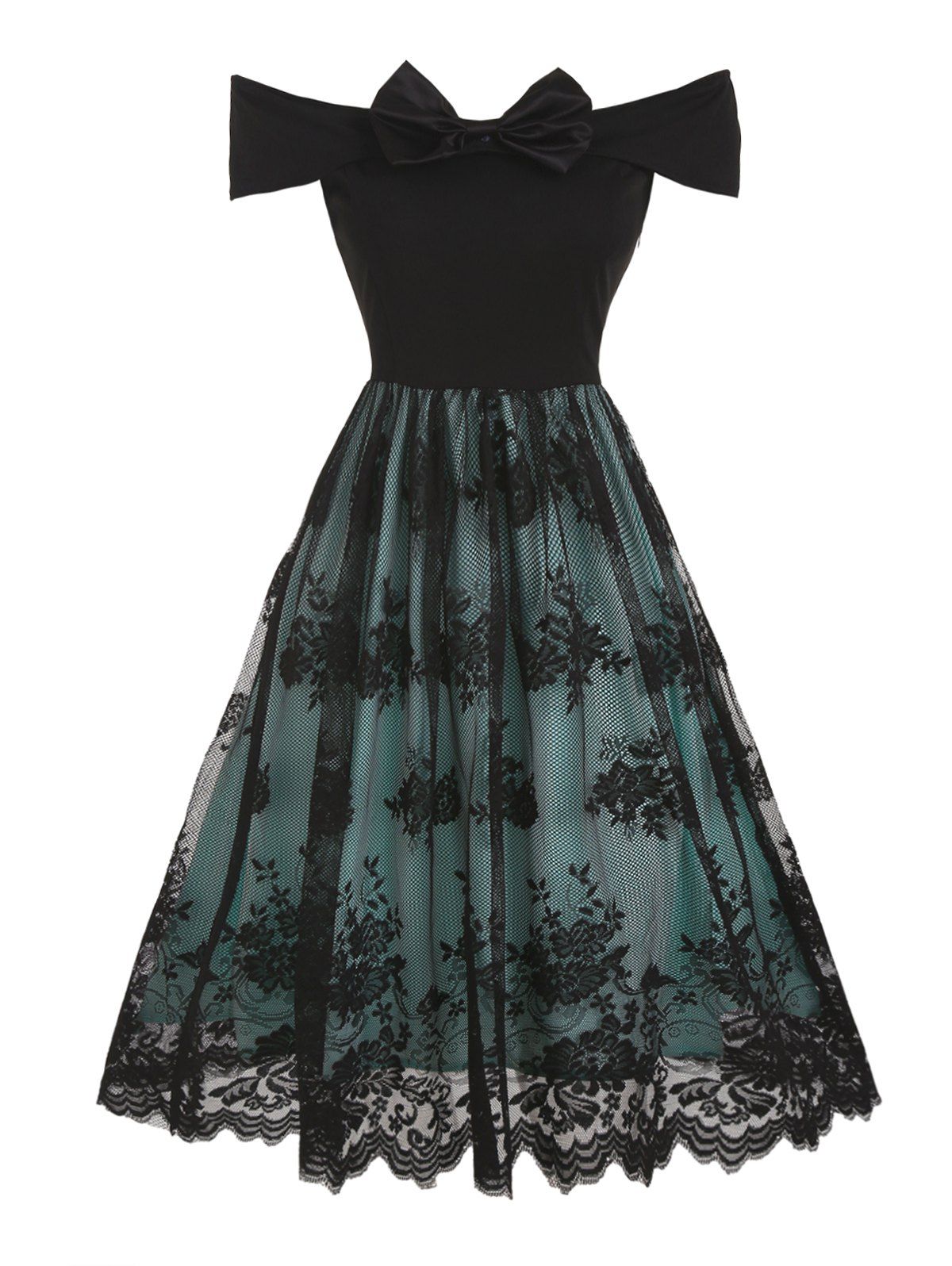 Flower Lace Overlay Party Dress Off The Shoulder Mini Dress Bowknot A Line Dress - GREEN 2XL
