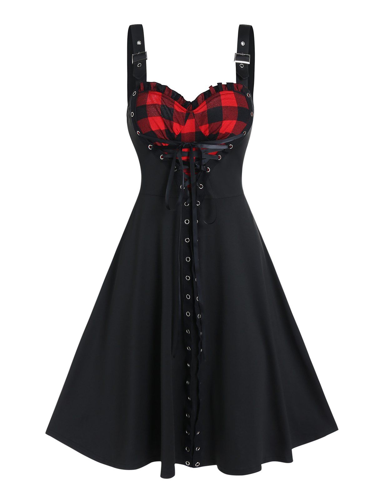 Gothic Dress Plaid Pattern Heart Shape Mini Dress Grommet Lace Up A Line Dress - BLACK XXXL