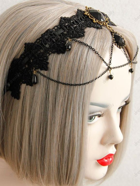 Bandeau Gothique D'Halloween Au Crochet en Dentelle à Chaîne avec Strass à Frange - Noir 