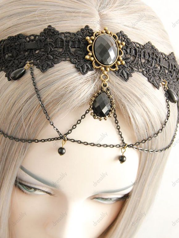 Bandeau Gothique D'Halloween Au Crochet en Dentelle à Chaîne avec Strass à Frange - Noir 