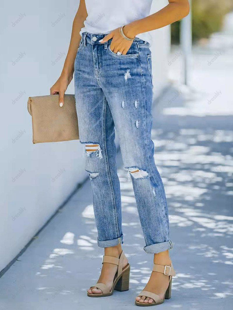 Ripped Jeans Zipper Fly Pockets Light Wash Jeans Straight Leg Casual Denim Pants 