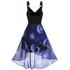 Robe Mi-Longue Haute Basse Vintage Lune et Soleil Imprimés avec Bouton - Pourpre XXXL