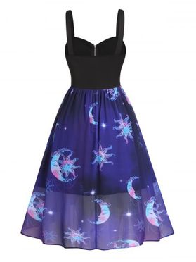 Chiffon Overlay High Low Dress Celestial Sun Moon Print Combo Dress Half Zipper Backless Cami Dress