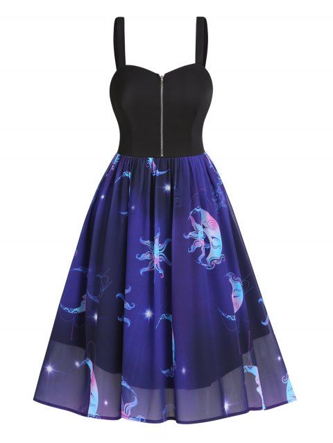 Chiffon Overlay High Low Dress Celestial Sun Moon Print Combo Dress Half Zipper Backless Cami Dress