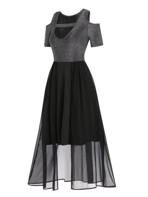 Casual Dress Cut Out Metallic Cold Shoulder High Waisted Chiffon Overlay A Line Midi Dress