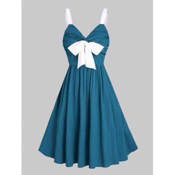 

Vacation Casual A Line Mini Sundress Ruched Bowknot High Waist Plain Color Textured Summer Dress, Deep blue