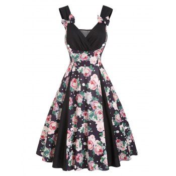 

Flower Print Cottagecore Dress Surplice Plunging Neck Mini Dress Bowknot Detail Mock Button Godet Dress, Black