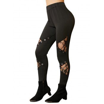 

Gothic Pants Grommets Lace Panel High Waist Long Pants, Black