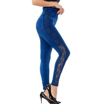 

Knit Leggings Solid Color Faux Denim Sheer Lace Panel Elastic High Waisted Long Jeggings, Deep blue