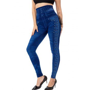 

Knit Jeggings Faux Pearl Embellishment 3D Faux Denim Print High Waisted Skinny Leggings, Deep blue