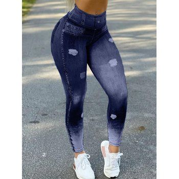 

Skinny Jeggings Faux Denim Jeggings Elastic High Waist Casual Long Leggings, Deep blue