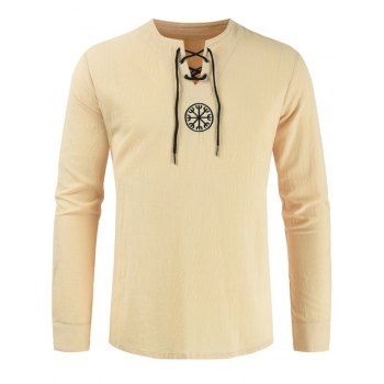 

Embroidery Pattern Shirt Lace Up Shirt Stand Collar Long Sleeve Casual Linen Shirt, Warm white