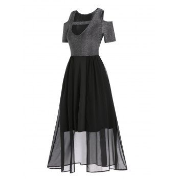 

Casual Dress Cut Out Metallic Cold Shoulder High Waisted Chiffon Overlay A Line Midi Dress, Black