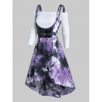 

Two Piece Set Off the Shoulder Ruffle Long Sleeve Top and Tie Dye High Low Midi Dress, Purple