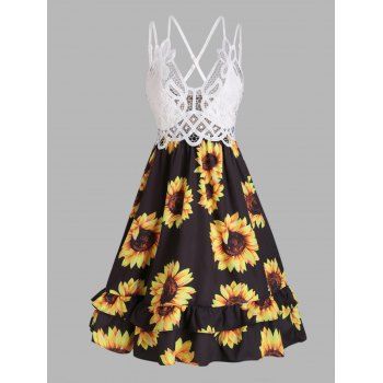 

Sunflower Print Sundress Hollow Out Floral Lace Dress High Waisted Layered A Line Mini Dress, Black
