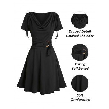 Draped Cowl Front Mini Dress Ruched O Ring Knotted Short Sleeve A Line Dress Cinched Shoulder Grecian Style Vintage Dress 