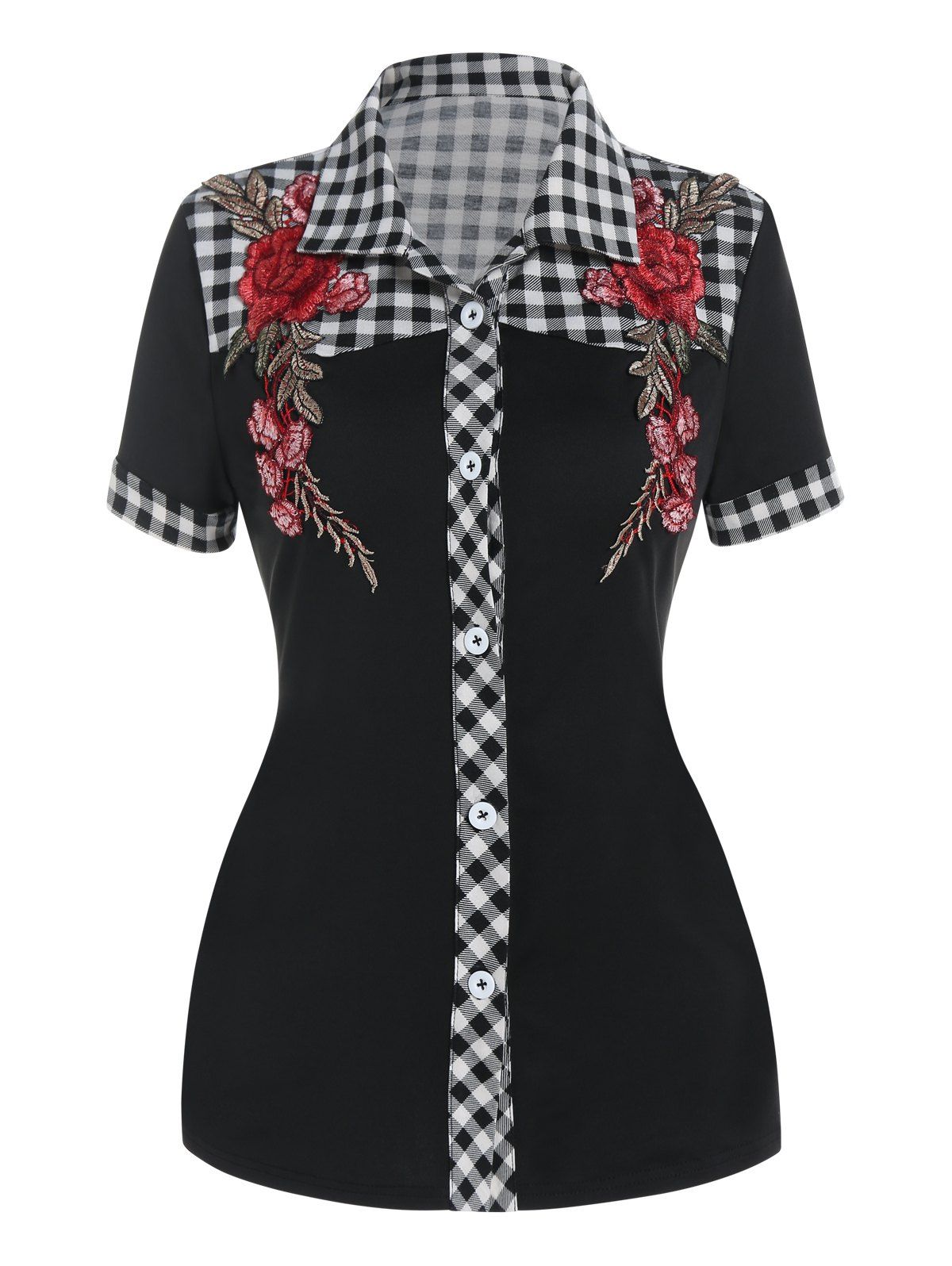 Women Vintage Shirt Plaid Embroidery Rose Pattern Shirt Button-up Vacation Shirt Clothing M Black
