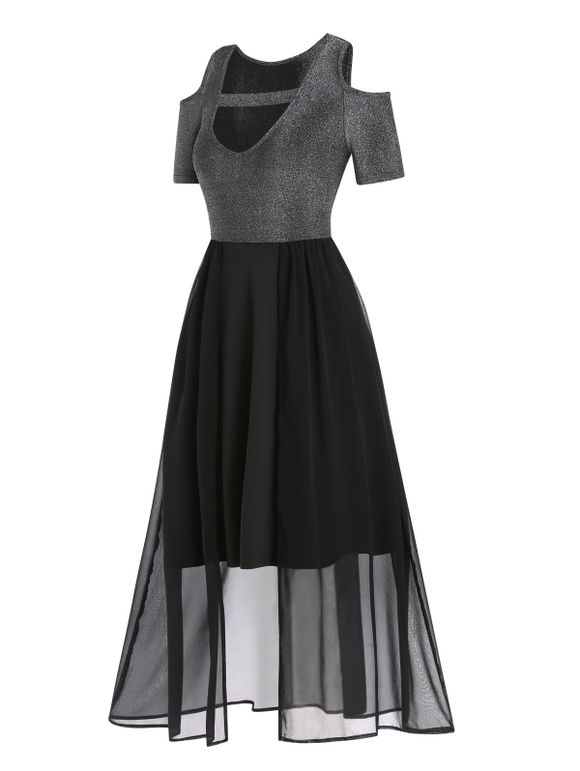 Casual Dress Cut Out Metallic Cold Shoulder High Waisted Chiffon Overlay A Line Midi Dress - BLACK XL