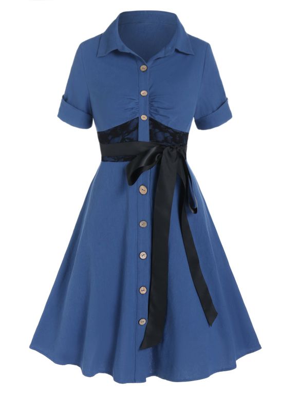 Casual Shirt Dress Lace Panel Belted Turn Down Collar Button-up Summer A Line Mini Dress - DEEP BLUE L