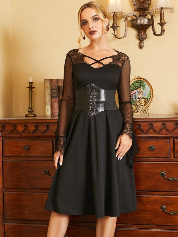 Robe D'Halloween Ligne A Gothique Fleur Panneau en Dentelle à Manches Evasées - Noir XXL