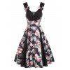 Flower Print Cottagecore Dress Surplice Plunging Neck Mini Dress Bowknot Detail Mock Button Godet Dress - BLACK L