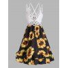 Robe Courte Trapèze Ajourée à Imprimé Tournesol à Taille Haute - Noir L