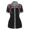 Chemise de Vacances Vintage à Carreaux Motif de Rose Brodée avec Bouton - Noir XL
