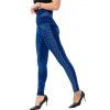 Legging Moulant 3D Tricoté Embelli de Fausse Perle en Denim à Taille Haute - Bleu profond M
