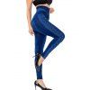 Legging Moulant 3D Tricoté Embelli de Fausse Perle en Denim à Taille Haute - Bleu profond M