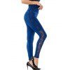 Knit Leggings Solid Color Faux Denim Sheer Lace Panel Elastic High Waisted Long Jeggings - DEEP BLUE XXL