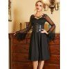Gothic Dress Flower Lace Panel Flare Sleeve Dress Crossover A Line Dress - BLACK XL