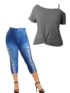 Plus Size Twisted Skew Neck Raglan Sleeve T Shirt And Faux Denim Print Jeggings Outfit