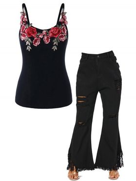 Plus Size Flower Leaf Embroidery Applique Tank Top And Frayed Hem Distressed Pockets Flare Jeans Outfit