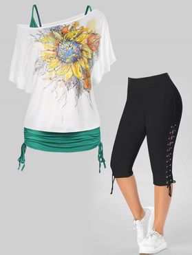 Plus Size Sunflower Print T Shirt Cinched Cami Top And Lace Up Eyelet Capri Leggings Outfit