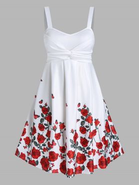 Plus Size Dress Floral Dress Leaf Rose Print Twisted Sleeveless High Waisted A Line Midi Summer Casual Dress