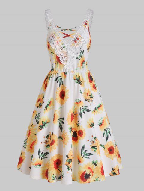 Vacation Dress Sunflower Print Dress Hollow Out Lace Insert Crisscross High Waisted A Line Mini Dress