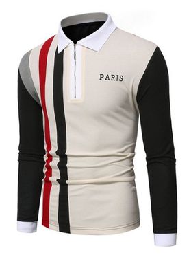 Colorblock Striped Print T Shirt PARIS Letter Print Long Sleeve T-shirt Turndown Collar A Quarter Zip Tee