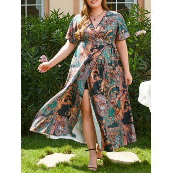 

Plus Size Wrap Dress Bohemian Baroque Leopard Allover Print Maxi Dress Flutter Sleeve Long Wrap Dress, Deep coffee