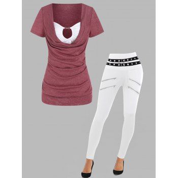 

Cowl Neck Keyhole Ruched Short Sleeve T Shirt And Zipper Grommet Detail Skinny Pants Outfit, Multicolor