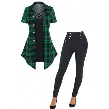 Plaid Print Short Sleeve Faux Twinset T Shirt And Mock Button Wide Waist Skinny Leggings Outfit